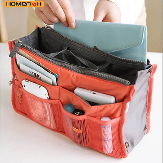 Blushimmer HOMEFISH multi-functional large capacity makeup bag with multiple pockets and double zippers for travel toiletries storage.