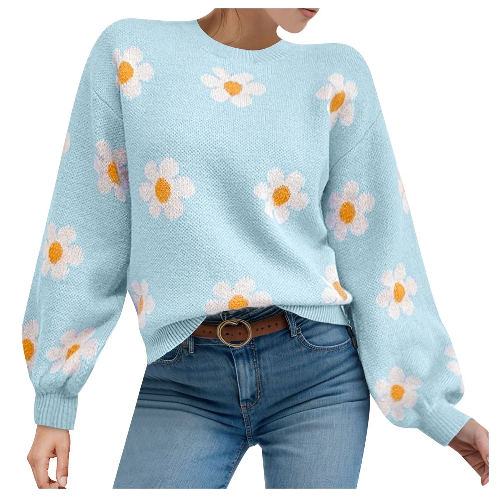 2024 Fall Sweater Women Fashion Round Neck Flower Printed Long Sleeve Ribbed Knitted Pullover Popular Top Autumn Winter Outfits