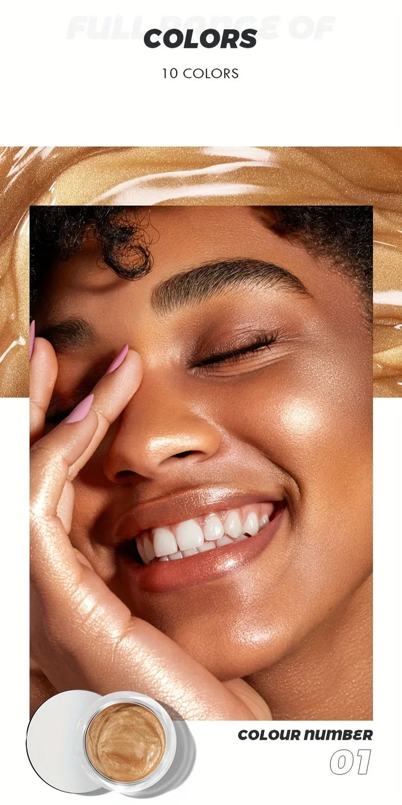 Blushimmer liquid highlighter in 9 colors, waterproof, multi-use for cheeks, eyes, lips, and face, with a smooth, fade-resistant finish.