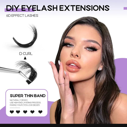 Blushimmer GROINNEYA DIY eyelash extension kit with mixed lash clusters, lash bond, seal, and tweezers for DIY eyelash application.