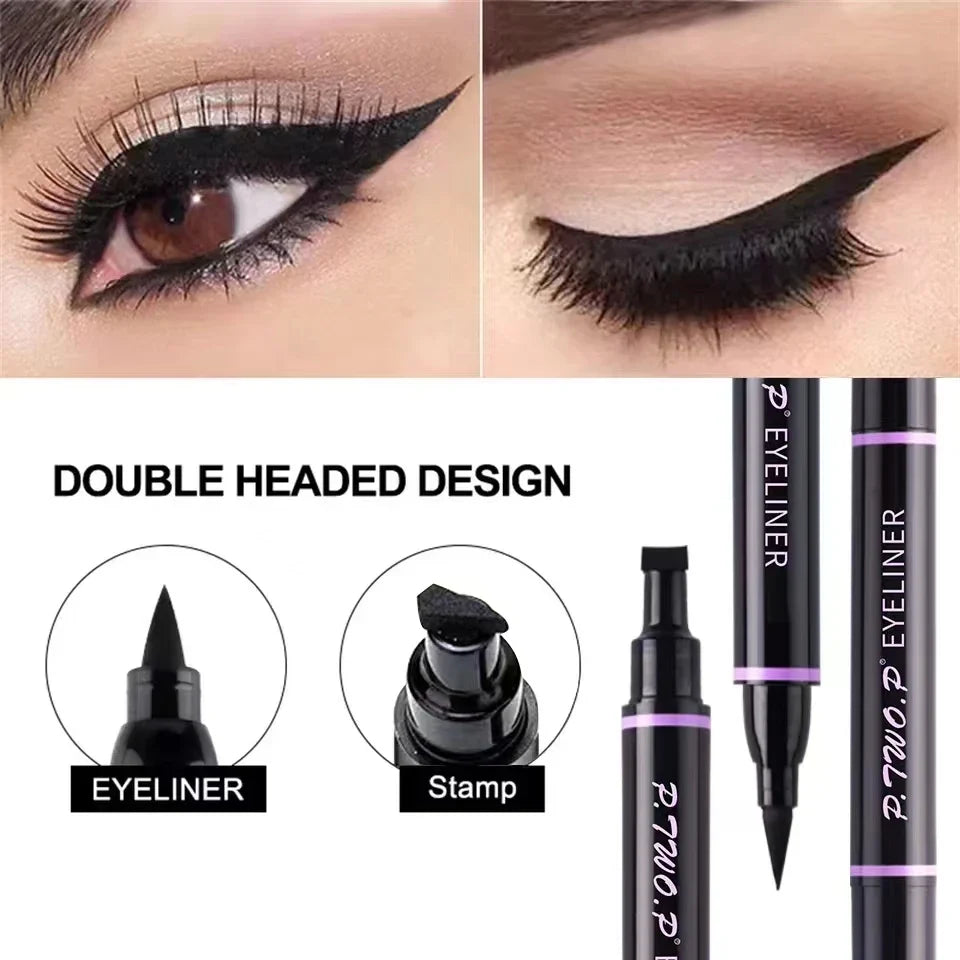 Blushimmer PTWOP 2-piece winged eyeliner stamp and liquid pencil in black, showcasing the product with the eyeliner tools and packaging.