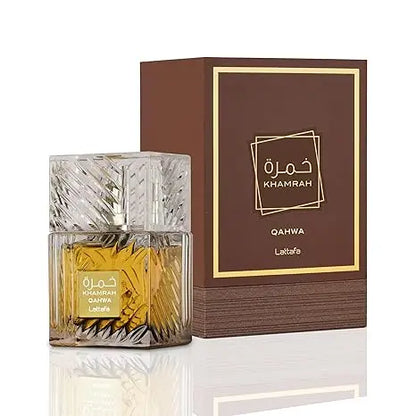 Blushimmer Lattafa Khamrah Vanilla Eau De Parfum bottle with warm spicy amber cinnamon scent, 100ML, unisex long-lasting fragrance