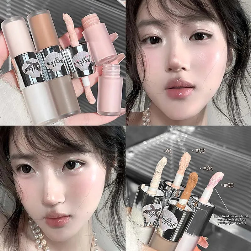 Blushimmer double-head liquid contour stick with matte highlighter, bronzer, and gray-brown nose shadow for natural makeup looks.
