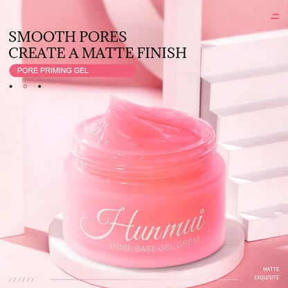 Blushimmer matte finish gel pore base cream with hydrating formula, showing smooth, brightened facial skin and pore coverage.