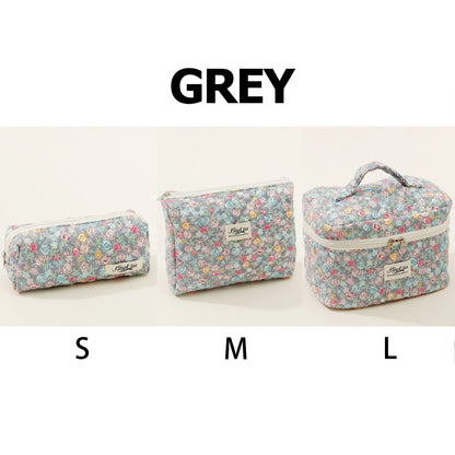 Cute quilted cotton makeup bag by Blushimmer with zipper closure, portable cloth cosmetic organizer for women and girls.