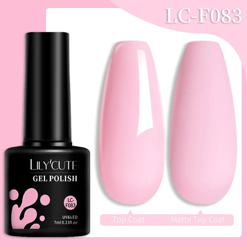 Colorful LilYCute 7ml gel nail polish bottles in various shades, showcasing long-lasting semi-permanent base, top coat, and nail art UV gel.