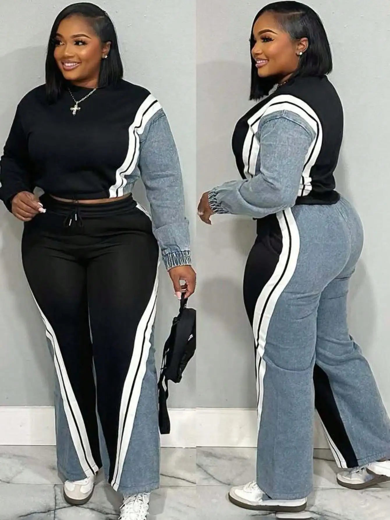 BWQ Women's Denim Patchwork Co-Ord Set - Matching Jeans Set With Color Block Design | Long Sleeve Tracksuit & Contrast Stitching