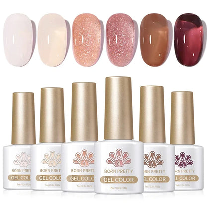Six-piece Born Pretty Crystal Amber Gel Nail Polish set in jelly pink and nude shades, perfect for semi-permanent UV and LED manicures.