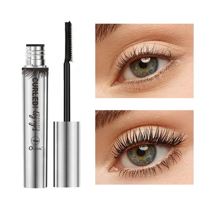 Blushimmer O‘cheal black mascara with 3D silk lash brush showing thick, curling, lengthening lashes for beauty makeup.