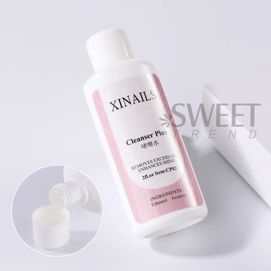 Blushimmer nail degreaser liquid bottle with clear surface and sticky layer gel polish remover for nail extensions and cleaning.