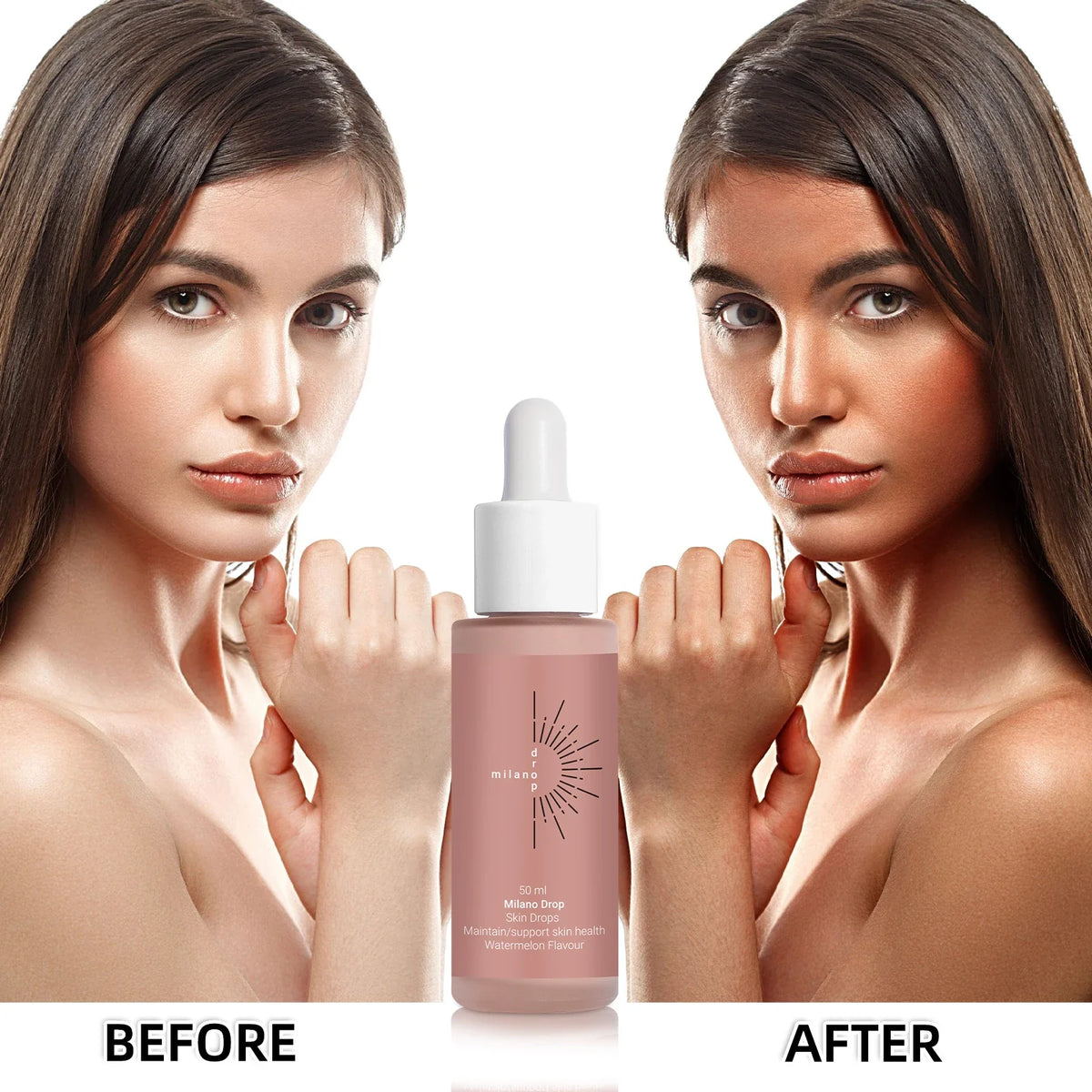 Blushimmer Self Tanning Drops in a bottle, natural liquid bronzer for face and body, enhancing skin tone and preventing sunburn.