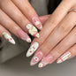 Set of 24 Blushimmer wine red almond press-on nails with cartoon rabbit, bowknot, plaid, pearl accents, and French tip design.