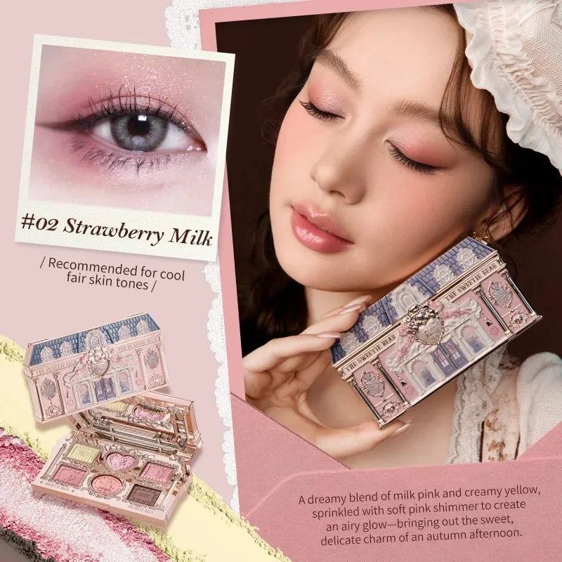 Blushimmer Flower Knows Sweetie Bear Eyeshadow Palette with 6 matte and shimmer eyeshadow colors, featuring floral-themed packaging.