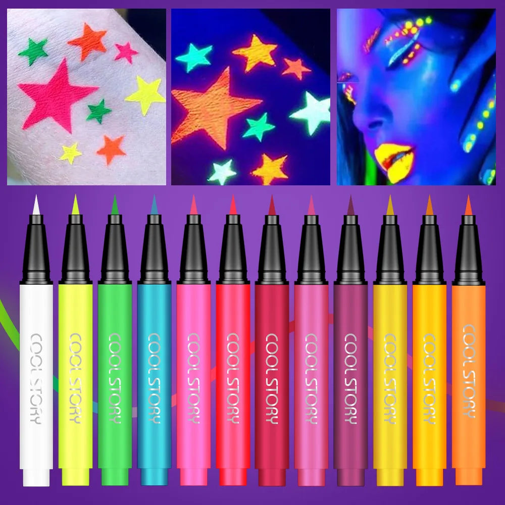 12-piece Blushimmer eyeliner pencil set with fluorescent UV glow for neon body paint and festival makeup application.