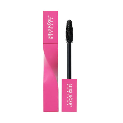 Miss Rose 5D Extreme Volume Waterproof Mascara with curling brush, black formula, showcasing thick, curled eyelashes.