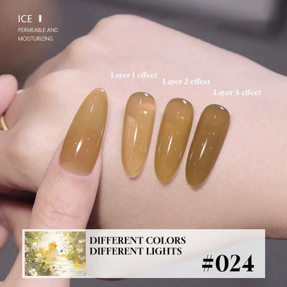 Blushimmer Mianel Japanese-style fairy gel nail polish in white, pink, and nude shades with ice-clear finish for summer nails.