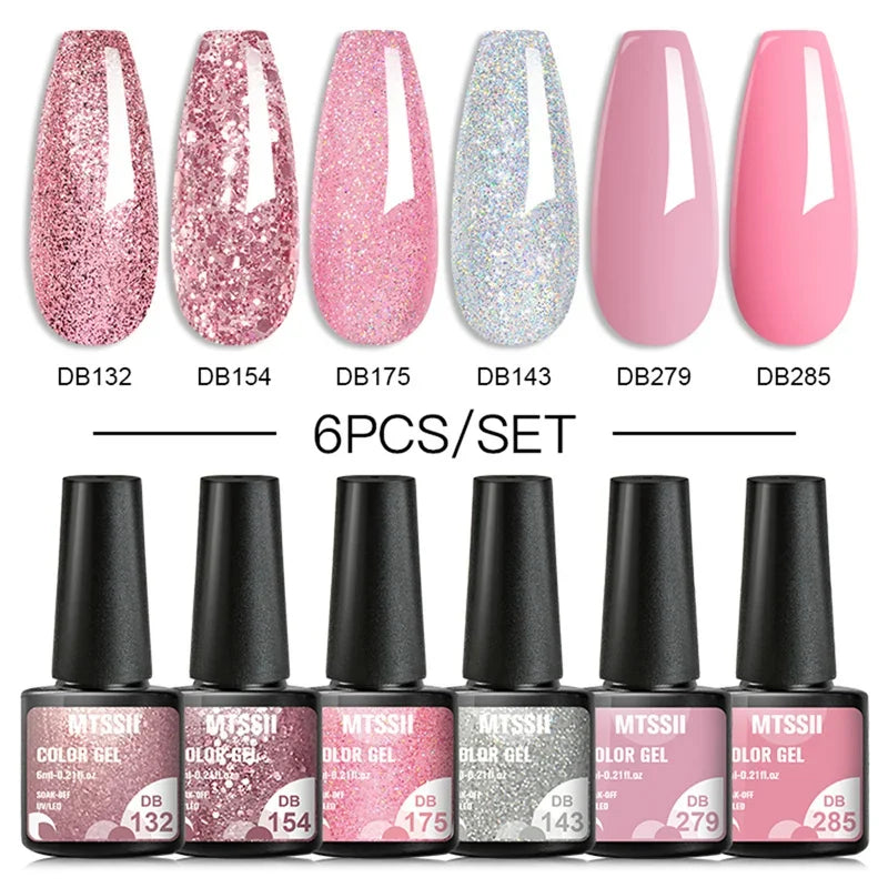 Sparkly red gel nail polish set by Blushimmer with six bottles, shiny finish, perfect for nail art and manicure designs.
