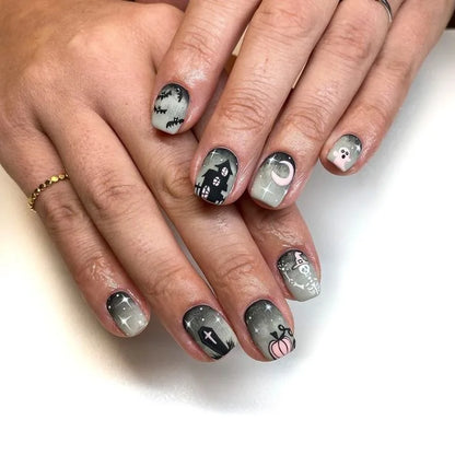 Set of 24 short square fake nails by Blushimmer with halo dyed gradient hearts and colorful French tip designs