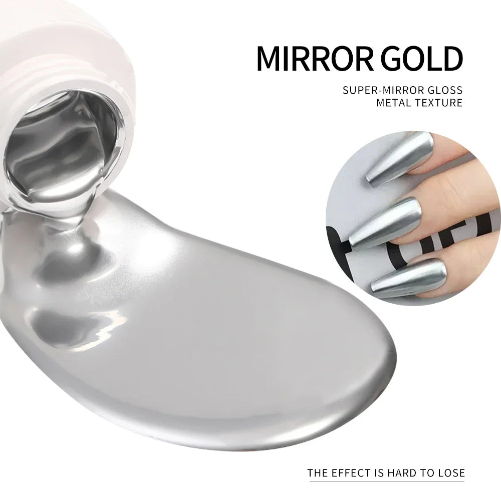 Blushimmer MingLee silver metal gel nail polish with chrome mirror effect, glossy 3D metallic finish, 5ml liquid manicure bottle