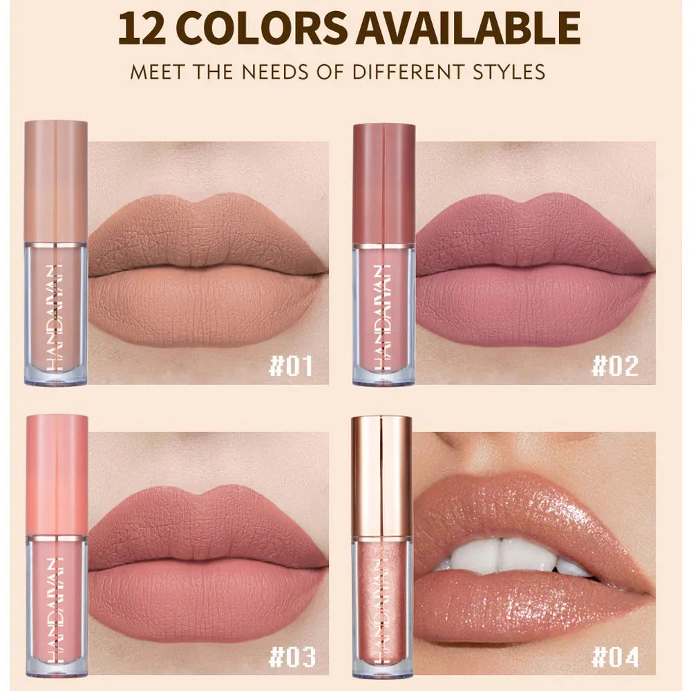 Blushimmer 12-color matte liquid lipstick kit with waterproof, long-lasting lip glosses in various shades for women.
