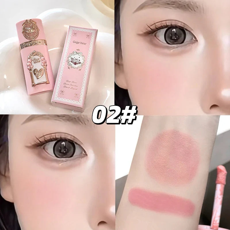 Blushimmer Gege bear Strawberry Cupid pink velvet matte lip cream and liquid blush set with pressed powder, long-lasting and lightweight.