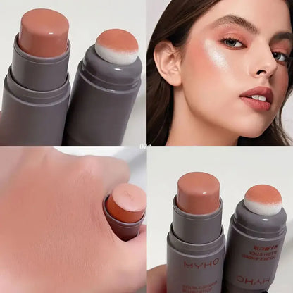 Blushimmer double-head sponge powder blush stick for lips and cheeks, natural matte finish, lightweight and durable rouge in monochrome design.
