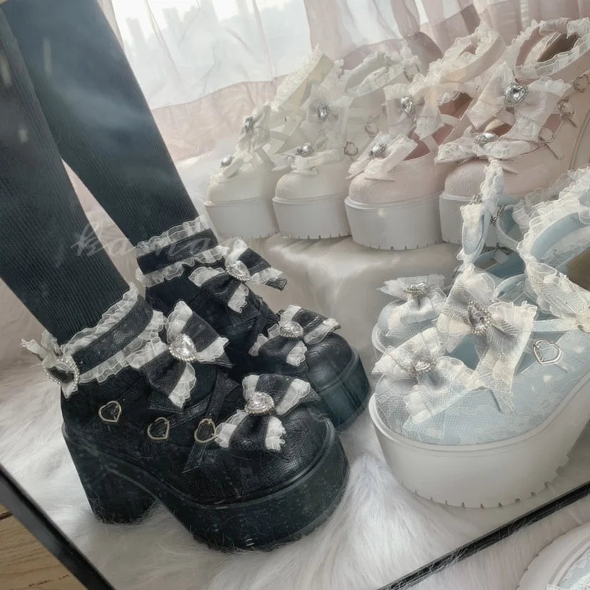 Japanese Style Mine Subculture Lolita High Heels Women's Sweet Girls Bowing Platform Heels Ladies Mary Jane Shoes Spring Summer