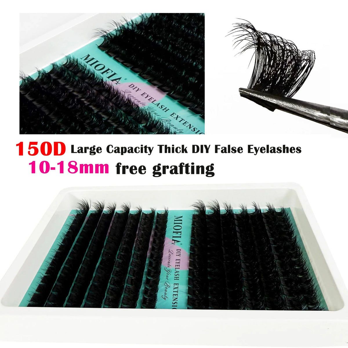 Close-up of Blushimmer 14/30 rows DIY 5D fluffy lash clusters in 10-18mm, showing thick, individual eyelash extensions.
