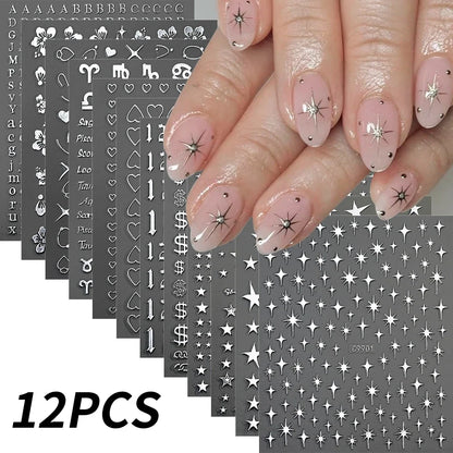 Set of 12 colorful cartoon dog and cat nail art stickers by Blushimmer, featuring 3D graffiti-style black cat and dog designs on self-adhesive decals.