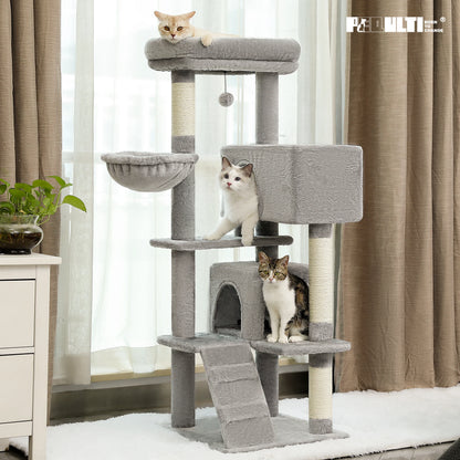 Aiwang Pet Products Cat Tree with plush perch, cozy condo, hammock, and sisal scratching posts for indoor cats.