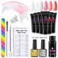 Blushimmer poly nail gel set with 6W LED lamp, beginner manicure kit featuring nail tips, 3D design decoration, and extension tools.