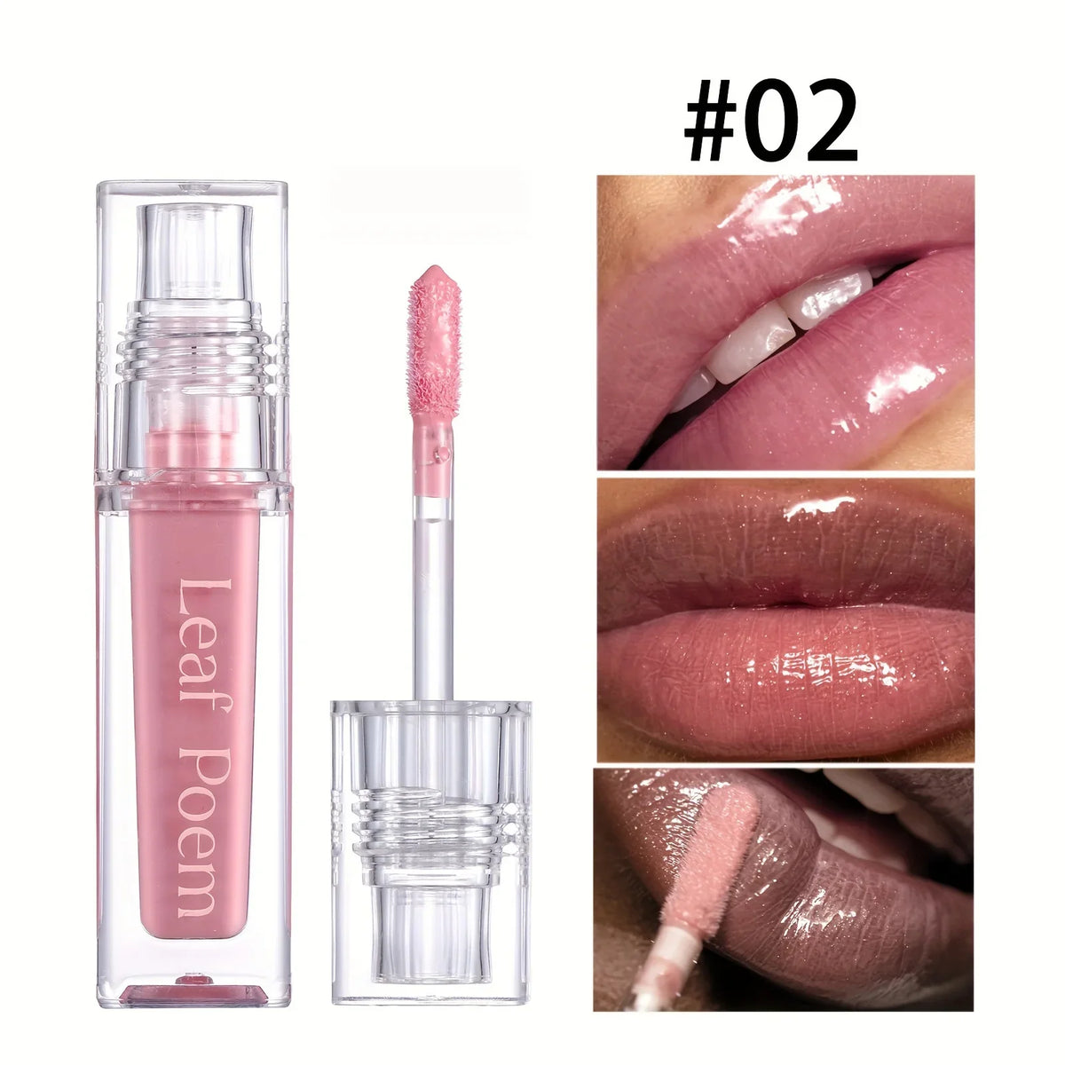 Blushimmer Hydrating Crystal Lip Oil in tinted gloss, showing a clear, glossy lip with subtle shine and plumping effect.