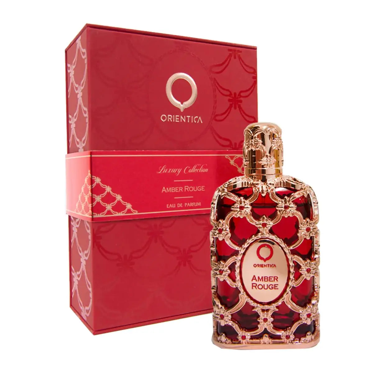 Orientica Royal Amber Eau De Parfum by Blushimmer featuring Arabic vanilla and musk for women and men, elegant perfume bottle.