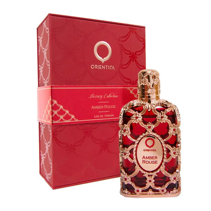 Orientica Royal Amber Eau De Parfum by Blushimmer featuring Arabic vanilla and musk for women and men, elegant perfume bottle.