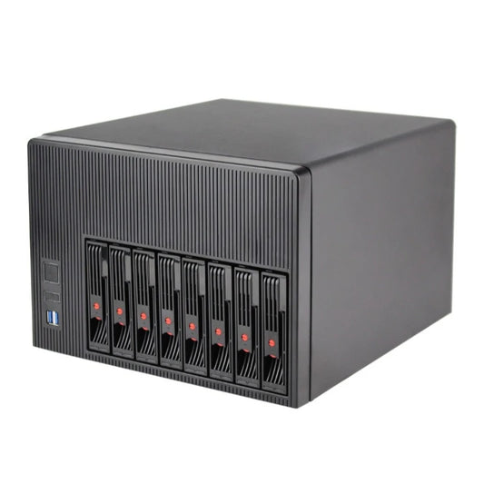 NAS-08 8-Bay NAS Case Storage Server Chassis, Micro-ATX / Mini-ITX, 8×3.5" HDD + 2.5" SSD, 1U / Flex PSU, Multi-Fan Cooling