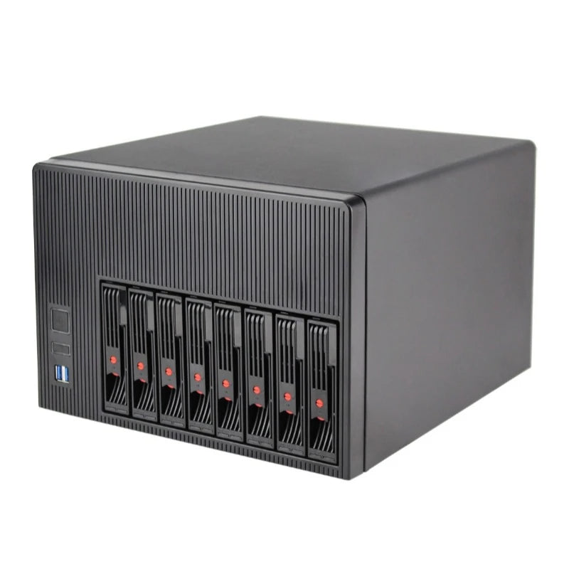 NAS-08 8-Bay NAS Case Storage Server Chassis, Micro-ATX / Mini-ITX, 8×3.5" HDD + 2.5" SSD, 1U / Flex PSU, Multi-Fan Cooling
