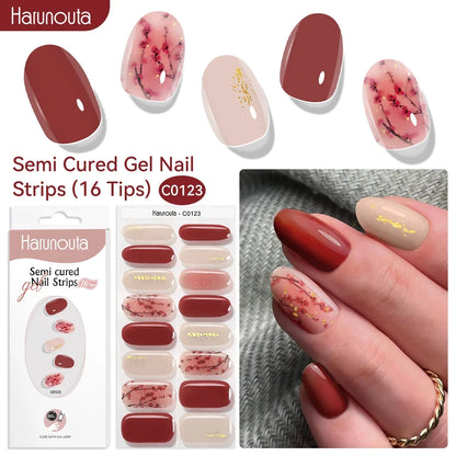 Blushimmer Harunouta 16-strip gradient red marble gel nail strips with gold lines, semi-cured DIY gel polish stickers for nails.