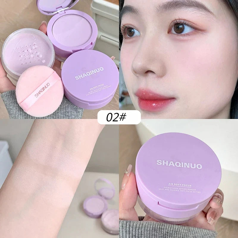 Blushimmer Rose Pink Loose Makeup Powder with lavender purple tone, waterproof oil control setting and concealer powder in transparent pressed form