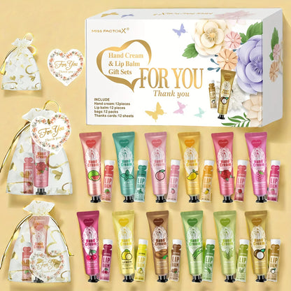 Blushimmer gift set with 12 hand creams and lip balms in a net bag, includes a thank you card, perfect for friends or holidays.