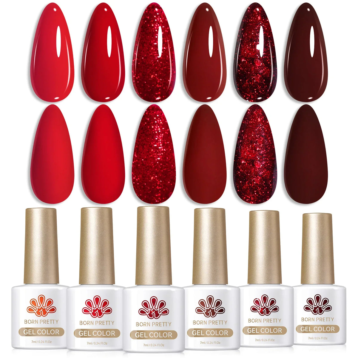 Six-piece BORN PRETTY Crystal Amber Gel Nail Polish set in jelly pink and nude shades for semi-permanent UV and LED manicures.