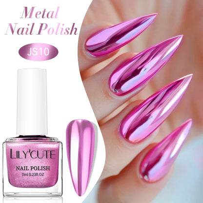 Blushimmer LILYCUTE 7ml metallic nail polish bottle with red and purple mirror finish, showcasing shiny, reflective nail color.