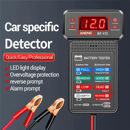 Smart car battery tester by BackupMyFilesNow.com showing a digital display and testing ports for vehicle battery analysis.