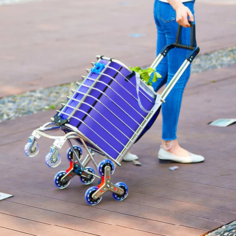 Grocery Cart Portable Aluminum Alloy Shopping Folding Trolley Big Capacity Lightweight Step Climbing Folded Trolley
