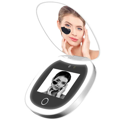 Blushimmer UV mirror sunscreen testing camera with light, 2x magnification, pocket-sized travel makeup and sunscreen mirror.