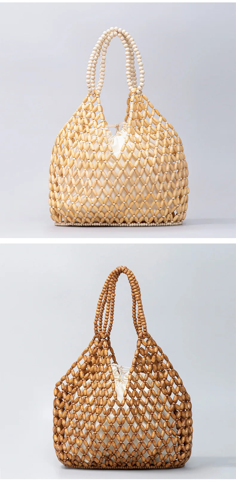 Simple Casual Handwoven Wooden Bead Handbag New Retro Versatile Summer Vacation Handheld Women's Shoulder Bags Water Bucket Bag
