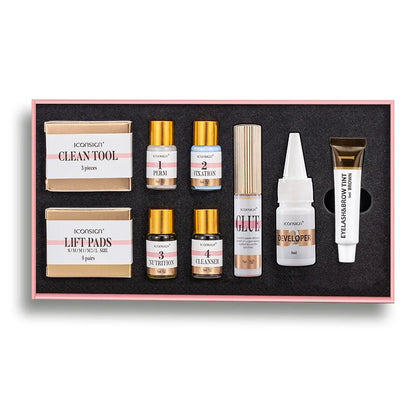 Blushimmer ICONSIGN Lash Lift and Tint Kit with eyelash perm and brow dye products, displayed in black packaging.