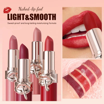 Blushimmer long-lasting velvet lipstick in creamy, waterproof formula with rich color, shown in six shades on smooth lips.