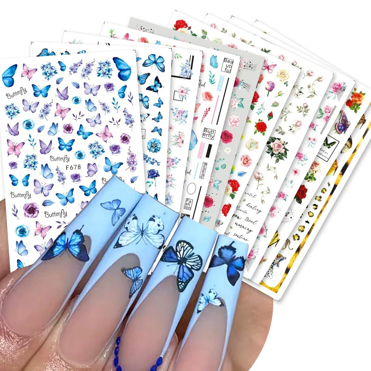 Elegant Butterfly Nail Manicure Stickers Blue Butterflies Leopard Retro Flowers Adhesive Decal Wedding Charm Manicure Tips