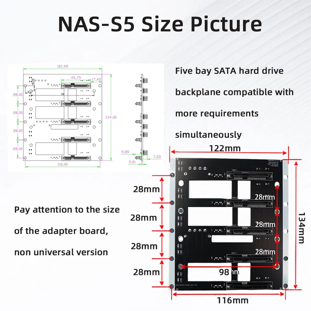 ADT-Link Big 4D Corner Power Supply Five Bay SATA Hard Drive Backplane NAS Chassis Adapter Board 6G/bps Storage Server Backplane