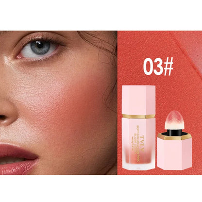 Blushimmer TVLV Velvet Liquid Blush with sponge head, natural matte finish, brightening facial contour blush tint makeup.